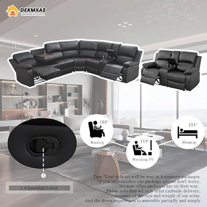 Black Leather Sectional Recliner Sofa Set with 4 Recliner Seats, Living Room Furniture Sets, Reclining Sectional Sofa Loveseat with Drop-down Table, Cup Holders,Storage Console for Living Room