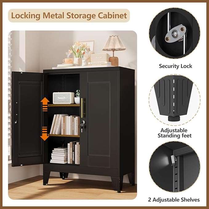 Black Metal Pantry Cabinet with Lock(Two Units), Sideboard Buffet Storage Cabient with Doors and 2 Adjustable Shelves, Multifunctional Kitchen Cupboard for Home Office, Buffet Table