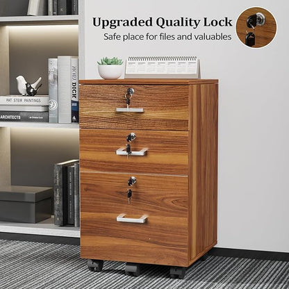 VINGLI 3-Drawer File Cabinet with Lock, Wood Rolling Filing Cabinets for Home Office, Mobile Printer Stand, Under Desk File Organizer for Letter Sized Files, 26" H(Caster Included), Walnut