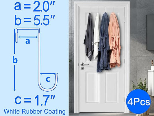 Over The Door Metal Hooks with Plastic Coating 5.5" Fit 0.5" to 2" Wide Door 4 Pcs Heavy Duty Single Towel Robe Rack Wreath Bathroom Shower Hanger Shoe Organizer Ironing Board Short White