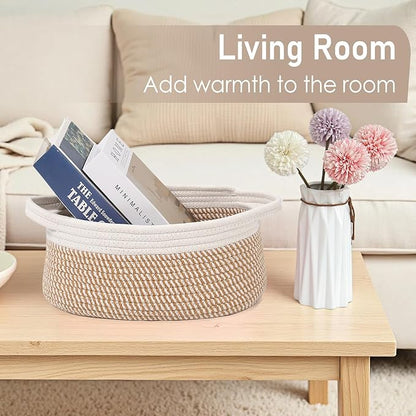 Woven Basket,Small Rope Storage Bin with Handles & Ribbon Bag, Organizer for Shelves Closets,Gift Basket Empty for Birthday,Books,Dog Toys, White&Brown Block