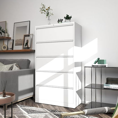 5 Drawer Metal Office Storage Filing Cabinet with Lock, White Lateral File Cabinet for Home Office, Horizontal Locking for Legal/Letter/A4, Assembly Required