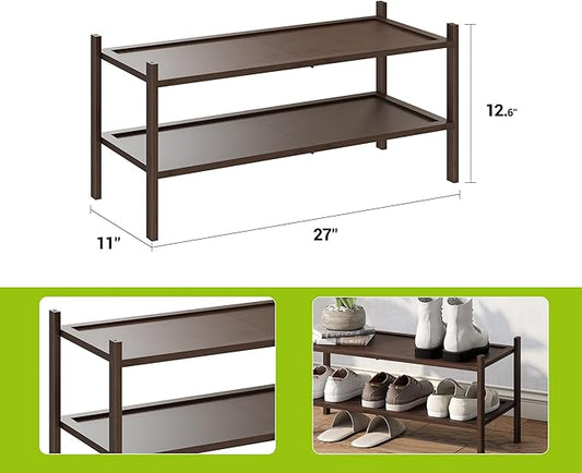 BMOSU 2-Tier Bamboo Shoe Rack Premium Stackable Shoe Shelf Storage Organizer for Hallway Closet Living Room Entryway Organizer(Brown)