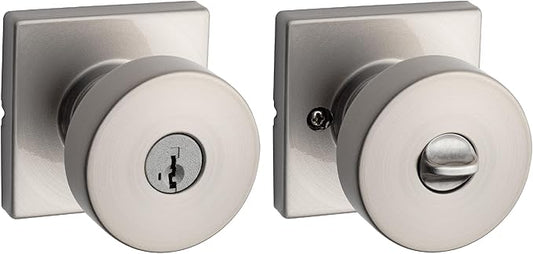 Kwikset Pismo Entry Door Knob with Lock and Key, Secure Keyed Handle Exterior, Front Entrance and Bedroom, Satin Nickel, Pick Resistant SmartKey Rekey Security and Microban