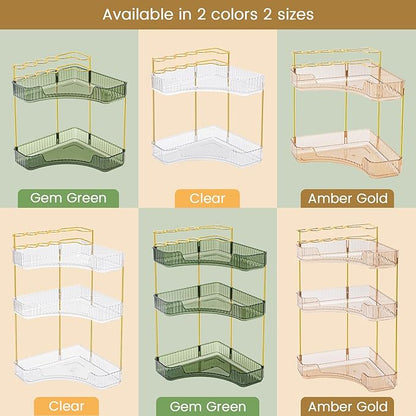 NATURE'S SOURCE Makeup Organizer for Vanity, 3-Tier Corner Bathroom Organizer Countertop with Makeup Brush Holder, Corner Counter Storage for Bathroom Dresser- Amber Gold