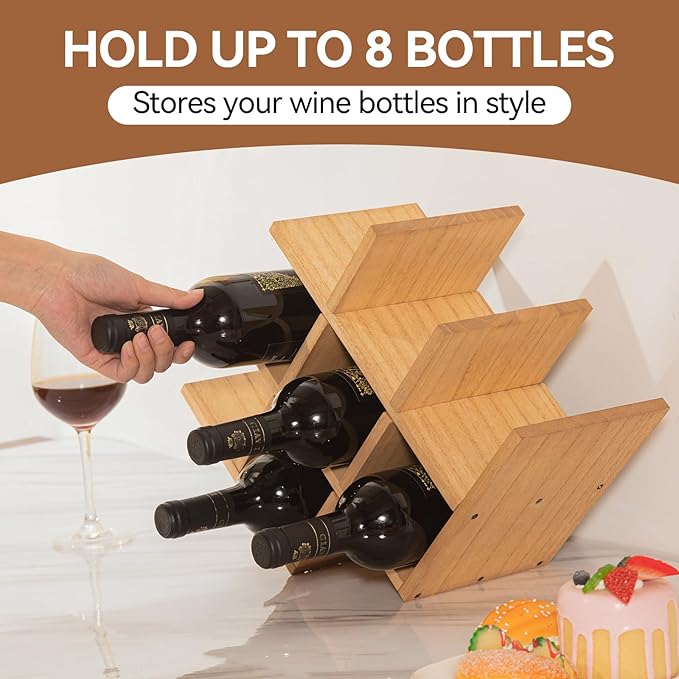 KIRIGEN Wooden 8-Bottle Wine Rack - 3-Tier Wood Wine Display Rack/Standing and Countertop Wine Storage Shelf - Bottle Holder/Cabinet Glass Rack Natural XHJJ3-NA
