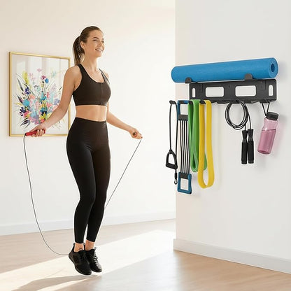 Gym Rack Organizer for Home Gym Storage, Wall Mounted, Multi-Purpose Home Gym Storage Rack for Resistance Bands, Yoga Mats, Jump Ropes,Weight Belts, Garage Workout Room Accessories,Black