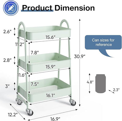 OLIXIS 3 Tier Utility Rolling Cart with Lockable Caster Wheels, Metal Mobile Storage Shelf, Organization for Livingroom, Bathroom & Narrow Places, Pale Green