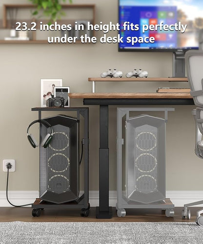 2 Tier Computer Tower Stand with Charging Station, 11.8" D x 16.5" W Rolling Floor PC Tower Stand Fits Under Desk, CPU Holder Cart for Carpet with Hooks, C Shaped End Table for Home Office