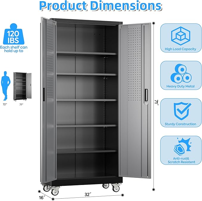 Aobabo Upgrade 71H''*32''W*16''D Metal Garage Storage Cabinet with Wheels and Pegboards, 5 Adjustable Shelves Steel Storage Cabinets for Home,Warehouse,Garage,Assembly Required,Black Gray
