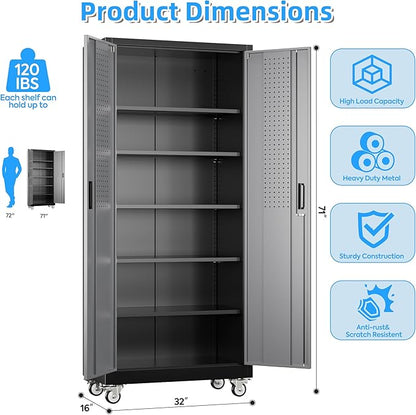 Aobabo Upgrade 71H''*32''W*16''D Metal Garage Storage Cabinet with Wheels and Pegboards, 5 Adjustable Shelves Steel Storage Cabinets for Home,Warehouse,Garage,Assembly Required,Black Gray