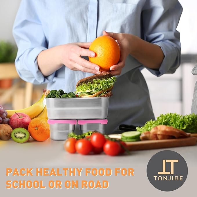 Small Stainless Steel Lunch Containers for Kids | Leak Proof BPA Free Snack Containers with Silicone Lids - Perfect Metal Snack Containers with Lids for School and Daycare (25oz+8oz*2)