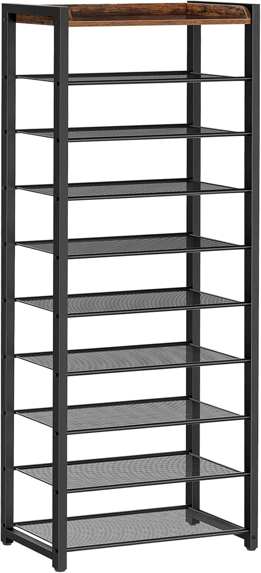 HOOBRO 10-Tier Shoe Rack, 20.5" L Shoe Storage Organizer, Narrow Shoe Shelf, Saving Space, Stable and Sturdy, Hold 18-20 Pairs of Shoes, for Entryway, Hallway, Living Room, Rustic Brown BF40XJ01