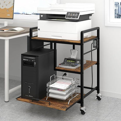 Home Printer Stand with Charging Station, 24x18 Inches Stands for Large Printer, Printer Shredder Stand with Storage for Home Office, Table for Fax Machine/PC Tower (White)