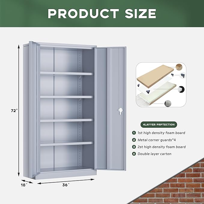 Greenvelly Metal Storage Cabinet with Locking Doors, 72" Dark Grey Lockable Storage with Adjustable Shelves, Steel Tool Cabinet for Home Office, Garage (36" x 18")