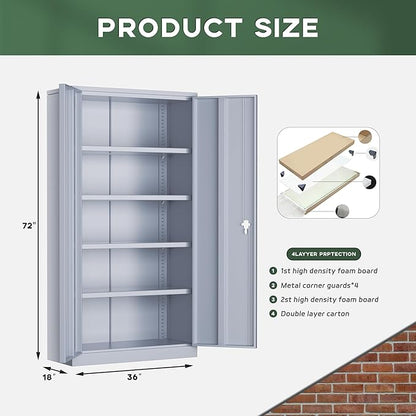 Greenvelly Metal Storage Cabinet with Locking Doors, 72" Dark Grey Lockable Storage with Adjustable Shelves, Steel Tool Cabinet for Home Office, Garage (36" x 18")