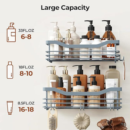 Orimade Shower Caddy Basket Shelf Storage Rack, No Drilling Wall Mounted Adhesive Rust Proof Stainless Steel Shower Organizer with 5 Hooks for Bathroom, Light Blue Grey 2 Pack