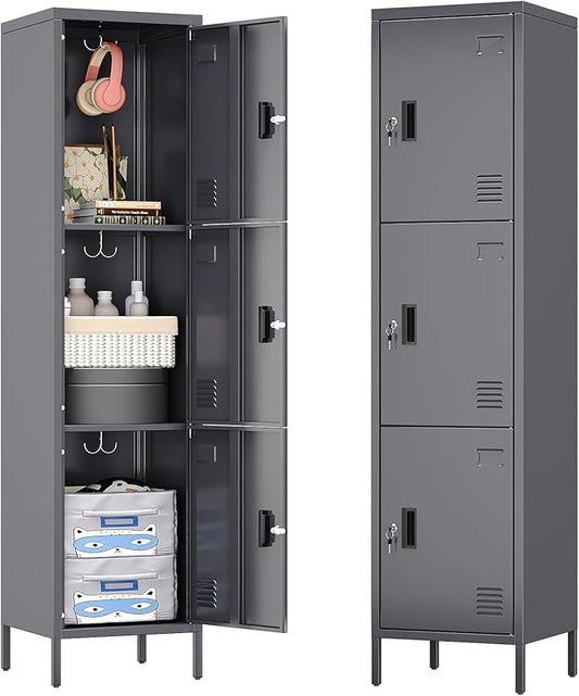 Metal Locker with Hooks and Ventilation Holes,Metal Storage Locker with Keys and Business Card Slot for Home,Gym,Garage,School,Office,66" H×15.75" W× 15.75" D,Assembly Required,Dark Grey