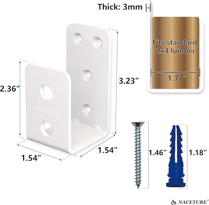 4 Pack White Door Barricade Brackets – Heavy Duty 2x4 U Bracket Door Brace Reinforcement Plates with Screws, Wall Mount Security Bar Holder for Front Door Safety, Anti-Rust Steel, Easy Install