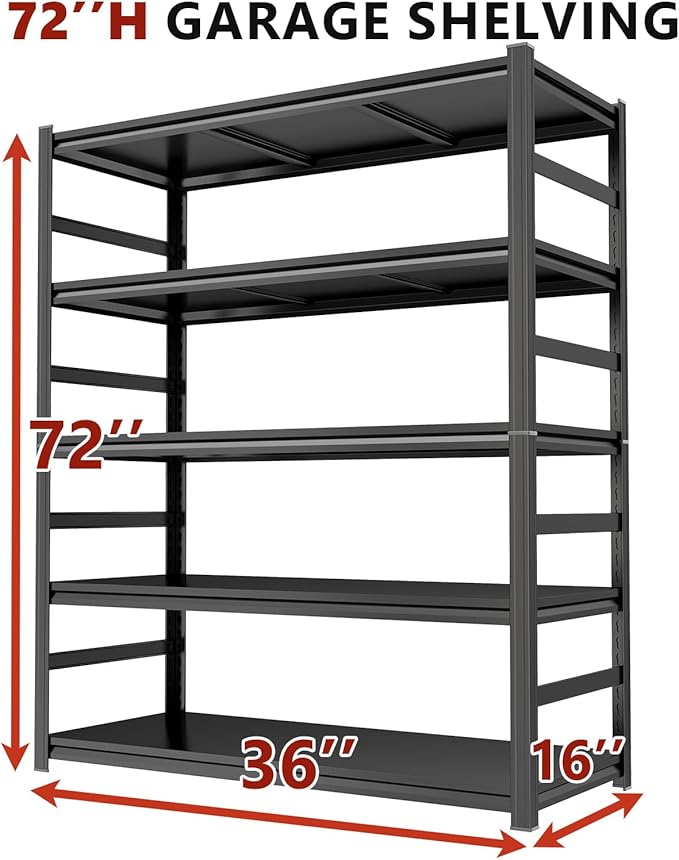 Adjustable 5-Tier Garage Shelving, Heavy Duty Steel Storage Shelves, High Load Capacity Shelf, Ideal for Garage, Warehouse, or Home Organization (with Fences, 36" W*16" D*72" H)