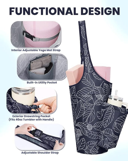 sportsnew Yoga Mat Bag for Women with Drawstring Pocket & Inner Pocket, Large Opening Yoga Mat Carrier for Quick Access, Adjustable Shoulder Strap, Fits 1/4" & 1/2" Thick Mats for Workout, Gym, Pilate