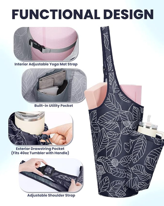 sportsnew Yoga Mat Bag for Women with Drawstring Pocket & Inner Pocket, Large Opening Yoga Mat Carrier for Quick Access, Adjustable Shoulder Strap, Fits 1/4" & 1/2" Thick Mats for Workout, Gym, Pilate