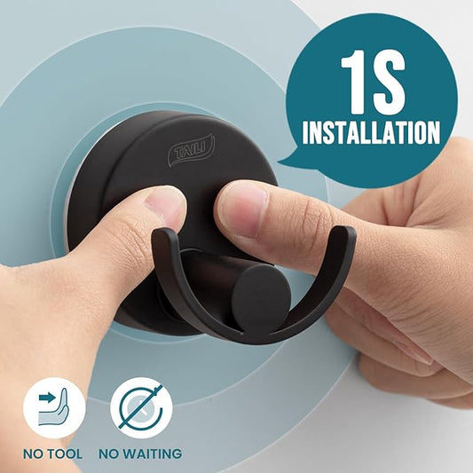 TAILI 304 Stainless Steel Bathroom Suction Hooks for Towel, Bathrobe, Loofah, Patented Strong Suction Cup Holder, No Damage Hanging Glass Shower Wall Hook, Double-Hook Sleek Design, 2 Pack, Black