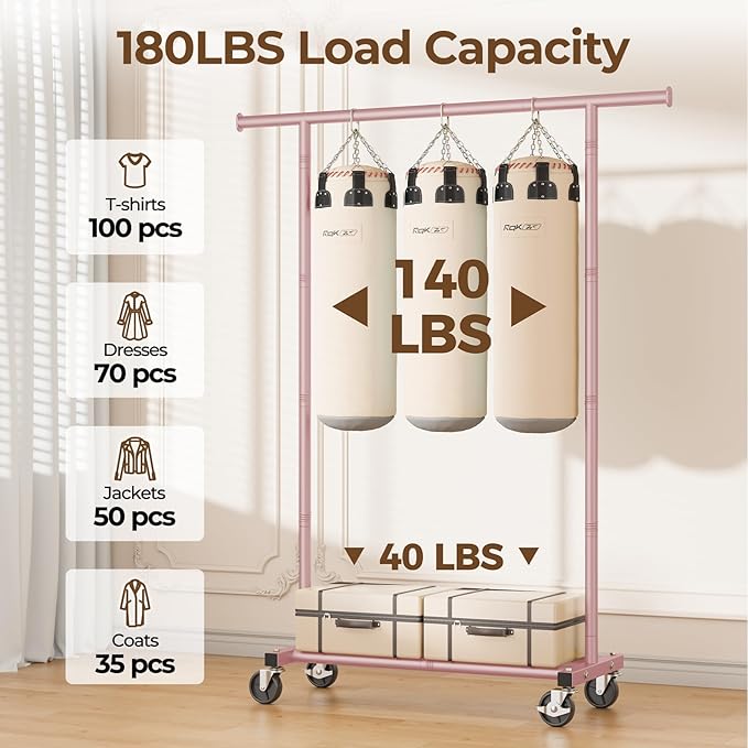 Clothes Rack, Clothing Rack for Hanging Clothes, Rolling Garment Rack Sturdy Coat Rack Portable Wardrobe Rack Metal Closet Rack for Bedroom Laundry Living Room, Pink