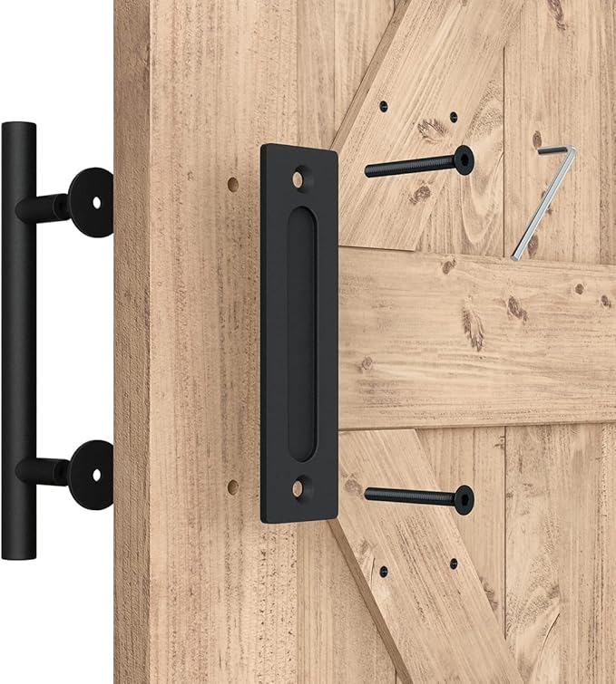 SMARTSTANDARD 2PCS Sliding Barn Door Handle, 12 Inch Heavy Duty Pull and Flush Hardware Set, Black, Large Rustic Two-Side Design, Round