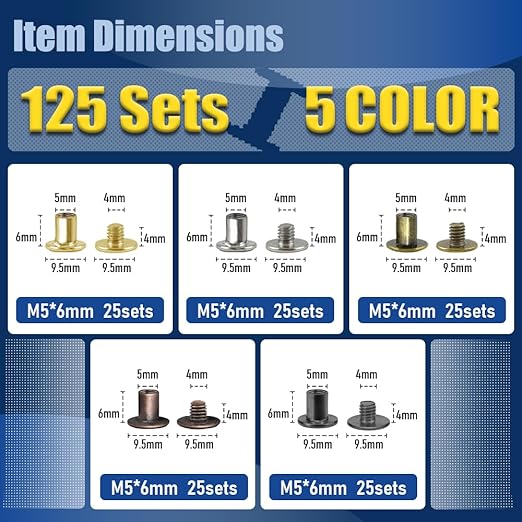 125 Sets Multicolor Assortment Chicago Screws Leather Rivets Kit, 1 Sizes M5*6 & 1 Screw Lengths M4*4 for Belts, Bookbinding, DIY Leather (Multicolor Assortment)