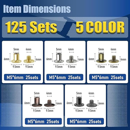 125 Sets Multicolor Assortment Chicago Screws Leather Rivets Kit, 1 Sizes M5*6 & 1 Screw Lengths M4*4 for Belts, Bookbinding, DIY Leather (Multicolor Assortment)