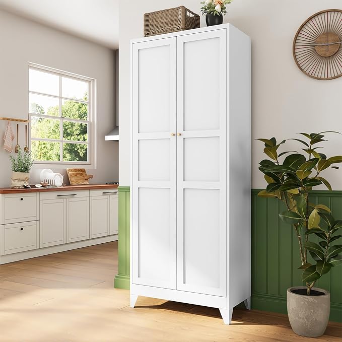 Letaya 75" H Metal Storage Cabinet with 2 Doors and 4 Shelves,Tall Kitchen Pantry Cabinets,Farmhouse Utility Pantry Organizers for Cupboard/Dining/Bathroom/Home Office/Garage Room,White