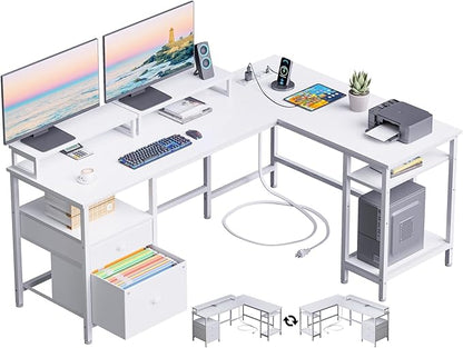 Furologee White 59” L Shaped Desk with Power Outlet, Reversible Computer Desk with File Drawer & 2 Monitor Stands, Corner Home Office Table with Storage Shelves for Gaming Writing