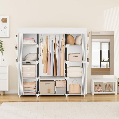 VTRIN Portable Closet Wardrobe for Hanging Clothes 57.3 Inch Large Capacity Clothes Rack with Cover, 10 Storage Organizer Shelves, 1 Hanging Rods and 6 Pockets, Free Standing Closet, White