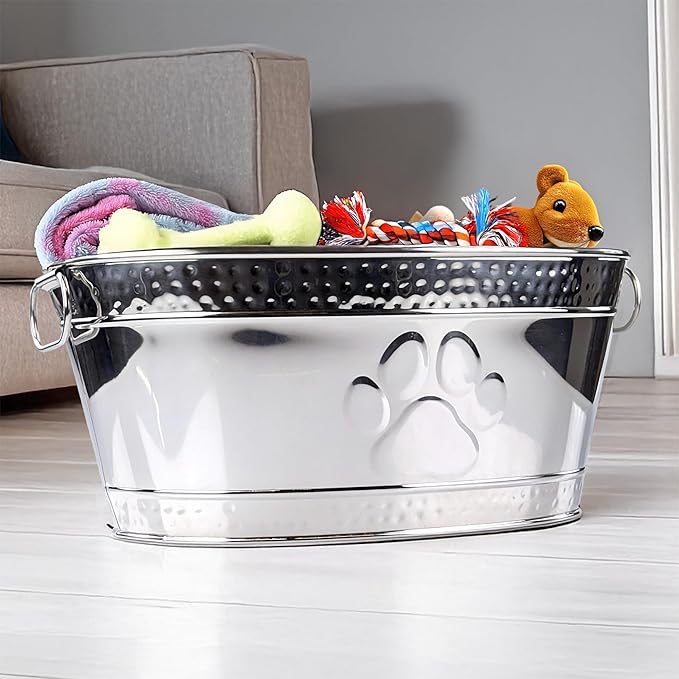 BREKX Metal Indestructible Dog Toy Bin - Steel Dog Toy Basket with Handles, Pet Storage Box, Oval for Blankets, Leashes, & Ropes for Aggressive Chewers - Pawprint Design Home Decor (Silver)