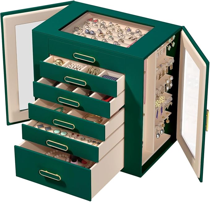 Jewelry Boxes for Women, 6 Layer Jewelry Organizer with Glass Lids, Jewelry Holder Organizer with 5 Drawers and 2 Glass Doors for Jewelry Storage, Big Jewelry Box for Womens Gift (Green)