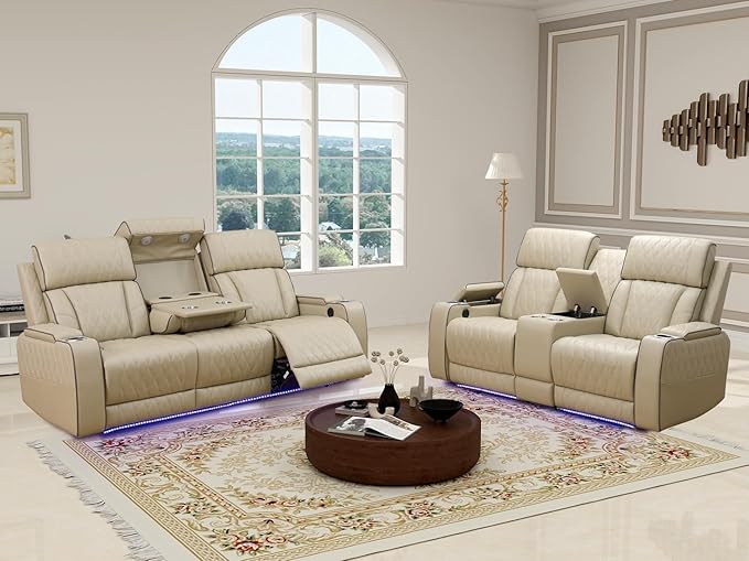 Power Recliner Sectional Sofa, Living Room Furniture Sets, 2PCS Beige Power Recliner Breathing Leather Sofa, Loveseat with Storage Console/Cup Holders/LED Light/USB Port for Apartment, Office