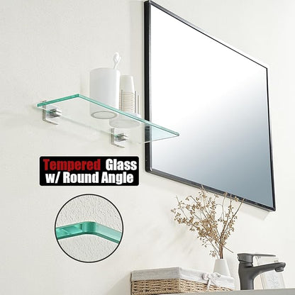 JQK Bathroom Glass Shelf, Floating Tempered Glass Shower Storage 16 by 5 inches, 304 Stainless Steel Brushed Finish Wall Mount 2 Pack, TGS201L16-BN-P2