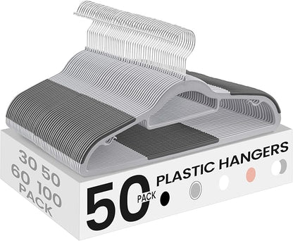 SONGMICS Pack of 50 Coat Hangers, Space-Saving Plastic Clothes Hangers, Non-Slip, 0.2 Inches Slim, 16.5 Inches Wide, 360° Swivel Silver Hook, Light Gray and Dark Gray UCRP20G50