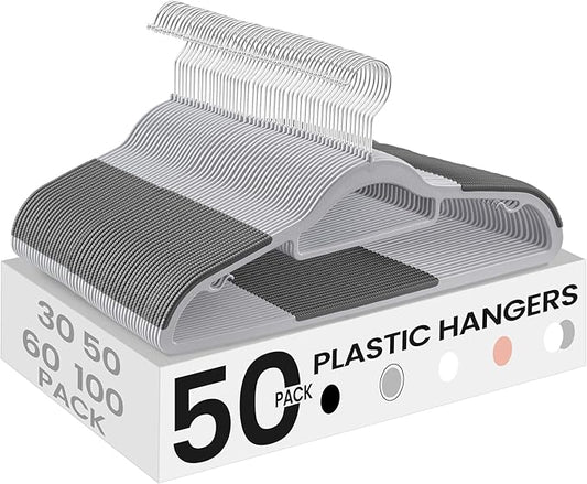 SONGMICS Pack of 50 Coat Hangers, Space-Saving Plastic Clothes Hangers, Non-Slip, 0.2 Inches Slim, 16.5 Inches Wide, 360° Swivel Silver Hook, Light Gray and Dark Gray UCRP20G50