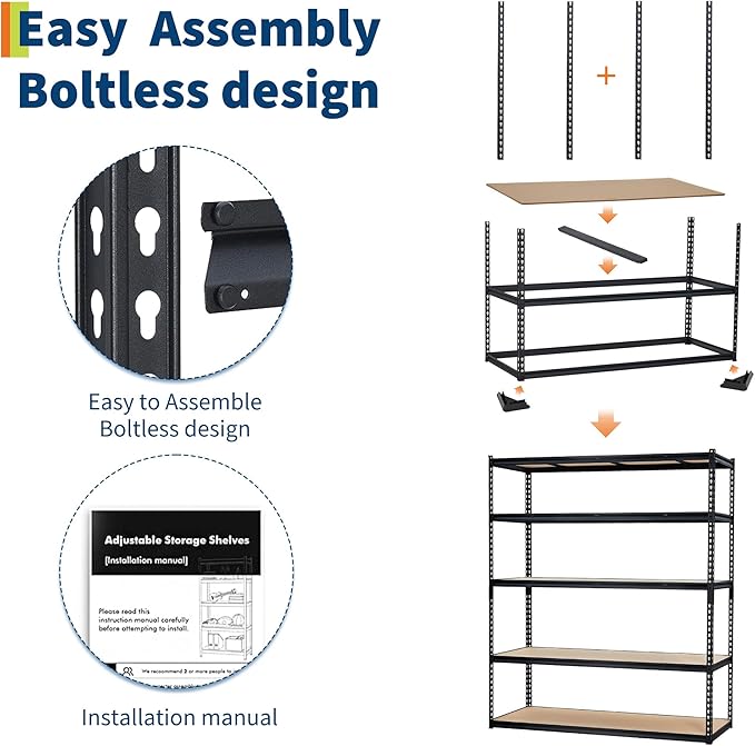 Garage Storage Shelves 5 Tiers, Heavy Duty Storage Shelving Racks with 3000 LBS Capacity, 60 " L x 24 in W x 72 in H Metal Adjustable Shelving Unit for Kitchen Pantry Basement Bathroom Laundry