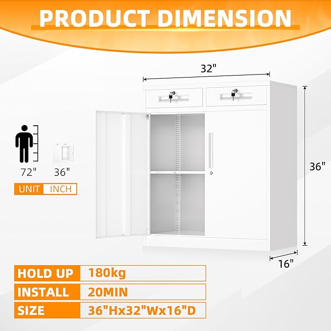 INTERGREAT Metal Storage Cabinet with 2 Drawers,36" White Metal Cabinets with Doors and Shelves, Garage Cabinet with Lock for Home Office, Garage, School, Apartment,Warehouse