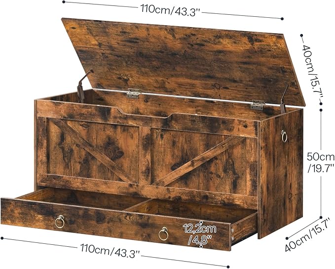 HOOBRO Storage Chest, 43.3" Toy Chest with Drawer, Wooden Storage Bench, Sturdy Entryway Bench Supports 220 lb, Shoe Bench, Safety Hinge, U-Shaped Opening, Easy Assembly, Rustic Brown FG711CW01G1
