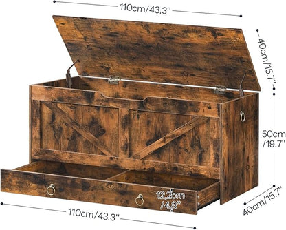 HOOBRO Storage Chest, 43.3" Toy Chest with Drawer, Wooden Storage Bench, Sturdy Entryway Bench Supports 220 lb, Shoe Bench, Safety Hinge, U-Shaped Opening, Easy Assembly, Rustic Brown FG711CW01G1