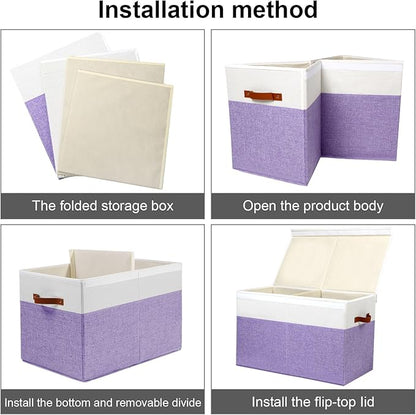 Large Toy Box with Lid, Sturdy Toy Storage Chest Bin Boxes Organizer Basket with Dividers for Toddlers, Kids, Boys, Girls, Nursery, Living Room, Bedroom, Playroom 25"x13" x16" (Purple and White)