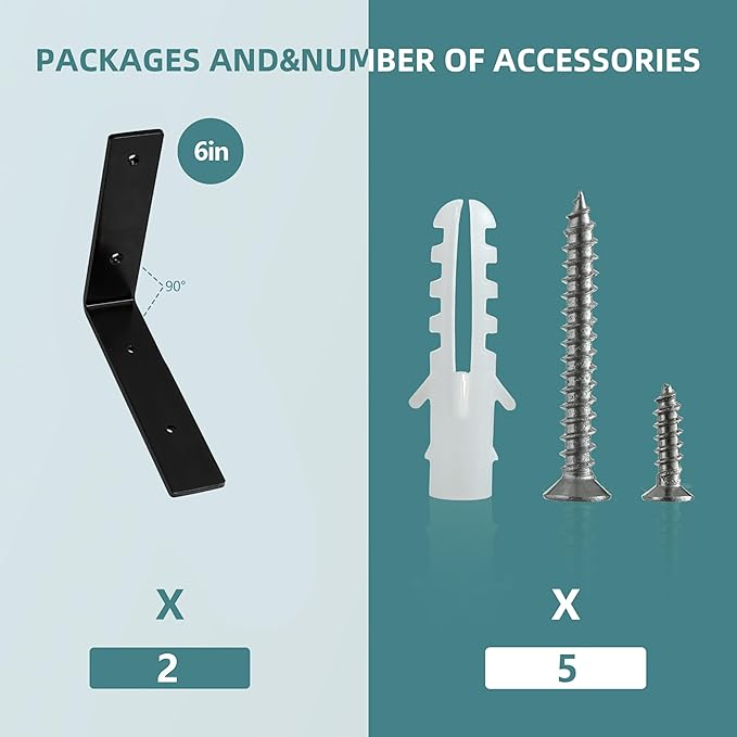 HEART ART 2 Pack Shelf Brackets 6 inch,L Brackets for Shelves,Black Heavy Duty Metal Shelf Brackets,6”x4”x1.4”