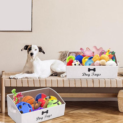 Geyecete 2 Pack Large dog toy bin dog toy box storage box - Foldable Fabric Trapezoid Organizer Boxes with Handle for Dog Toys (Beige-DOG)