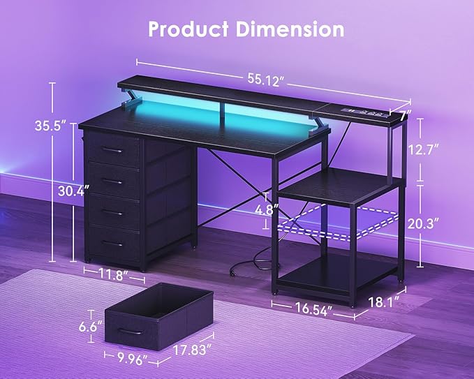 ODK 55 Inch Computer Desk with 4 Drawers, Office Desk with Power Outlets, Printer Shelf & Storage Shelves, Large Writing Study Table for Home, Bedroom, Study or Gaming Setup, Black