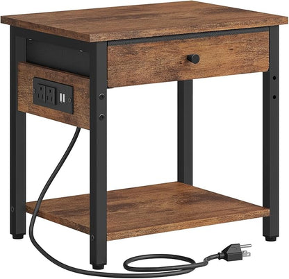 Printer Stand with Charging Station, 2-Tier Under Desk Printer Table, Side Table with Storage Shelves for Home Office, Living Room, Bedroom, Bathroom, Brown