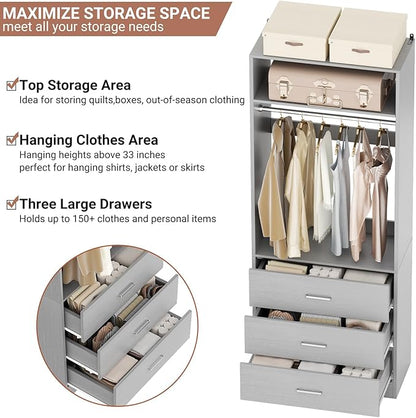 Closet System Set of 4, 8FT Closet Systems with 12 Wood Drawers, 96" Closet Organizer System with 4 Hanging Rods & 4 Shelves, Heavy Duty 96 Inch Walk-in Closet, Grey (96"L x 15" W x 80" H)